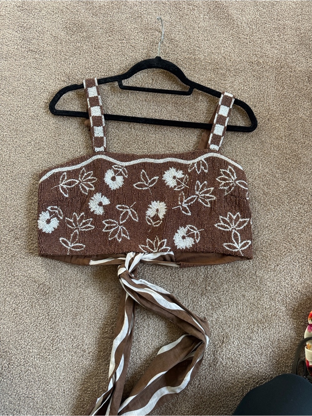 Anthropologie Brown Crop Top with White Floral Embroidery